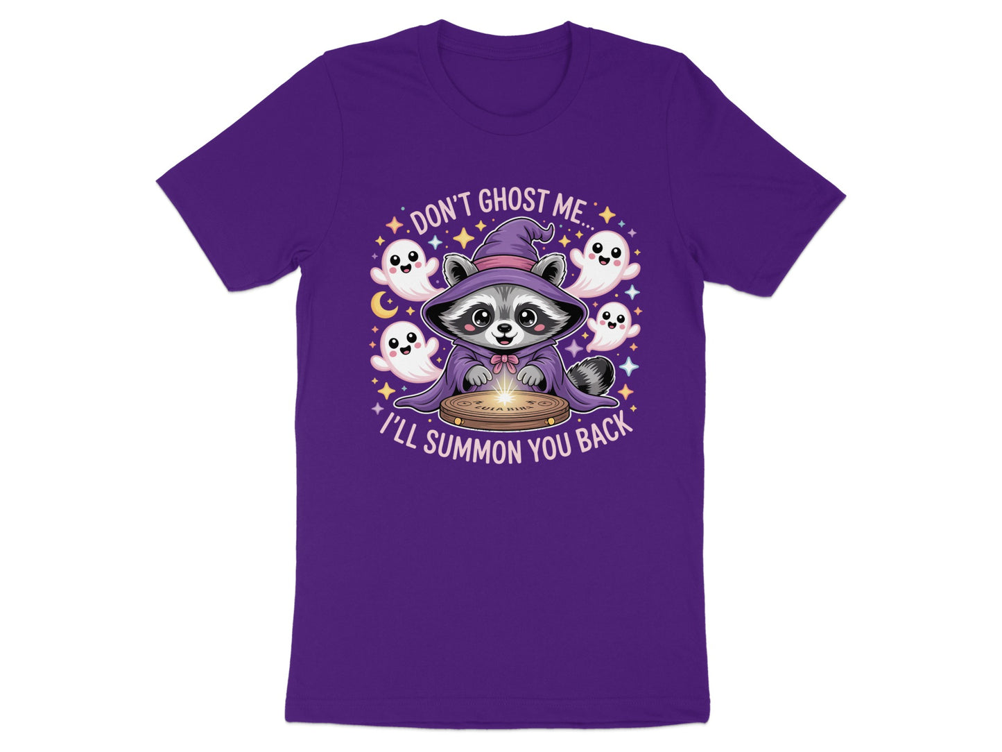 Raccoon wizard with ghosts around crystal ball, text "Don't ghost me... I'll summon you back".