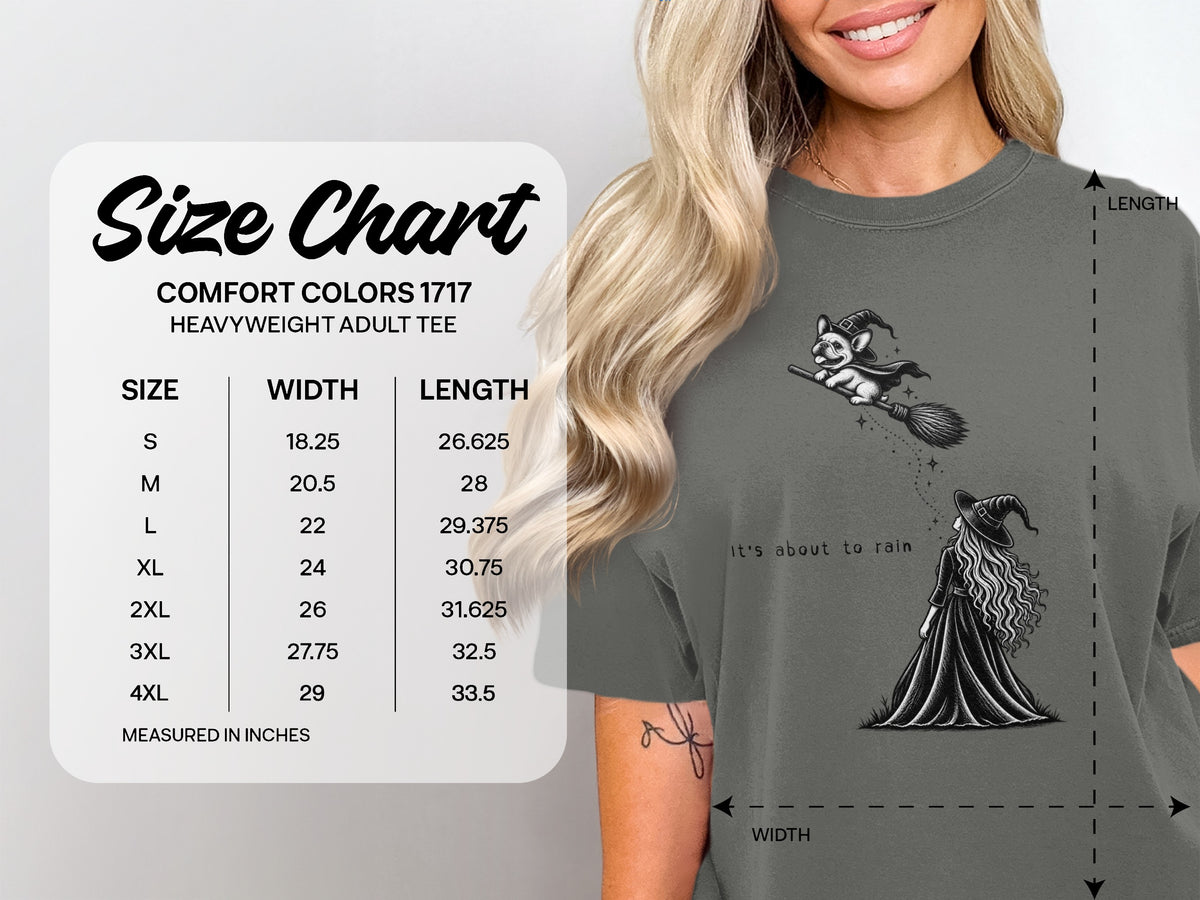 Comfort Colors 1717 heavyweight adult tee size chart with dog and witch graphic.