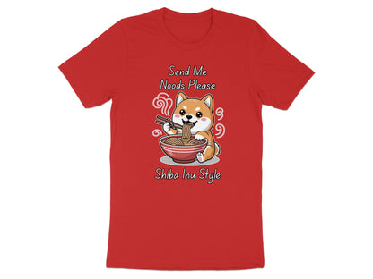Red t-shirt with cartoon Shiba Inu eating noodles that says "Send Me Noods Please".