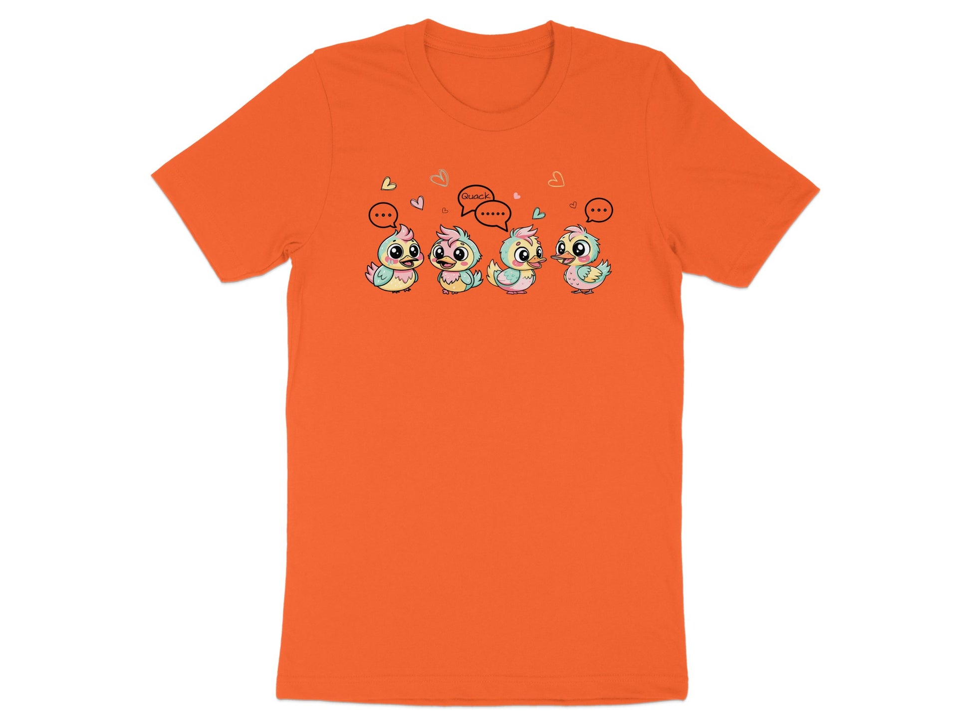 Four cartoon chicks with speech bubbles on an orange t-shirt.