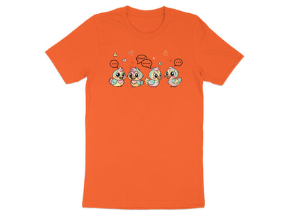 Four cartoon chicks with speech bubbles on an orange t-shirt.