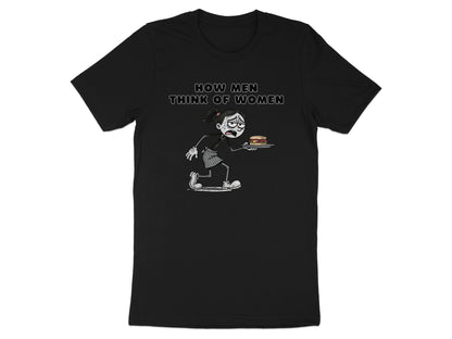 Black t-shirt with text "HOW MEN THINK OF WOMEN" and cartoon girl holding a sandwich.