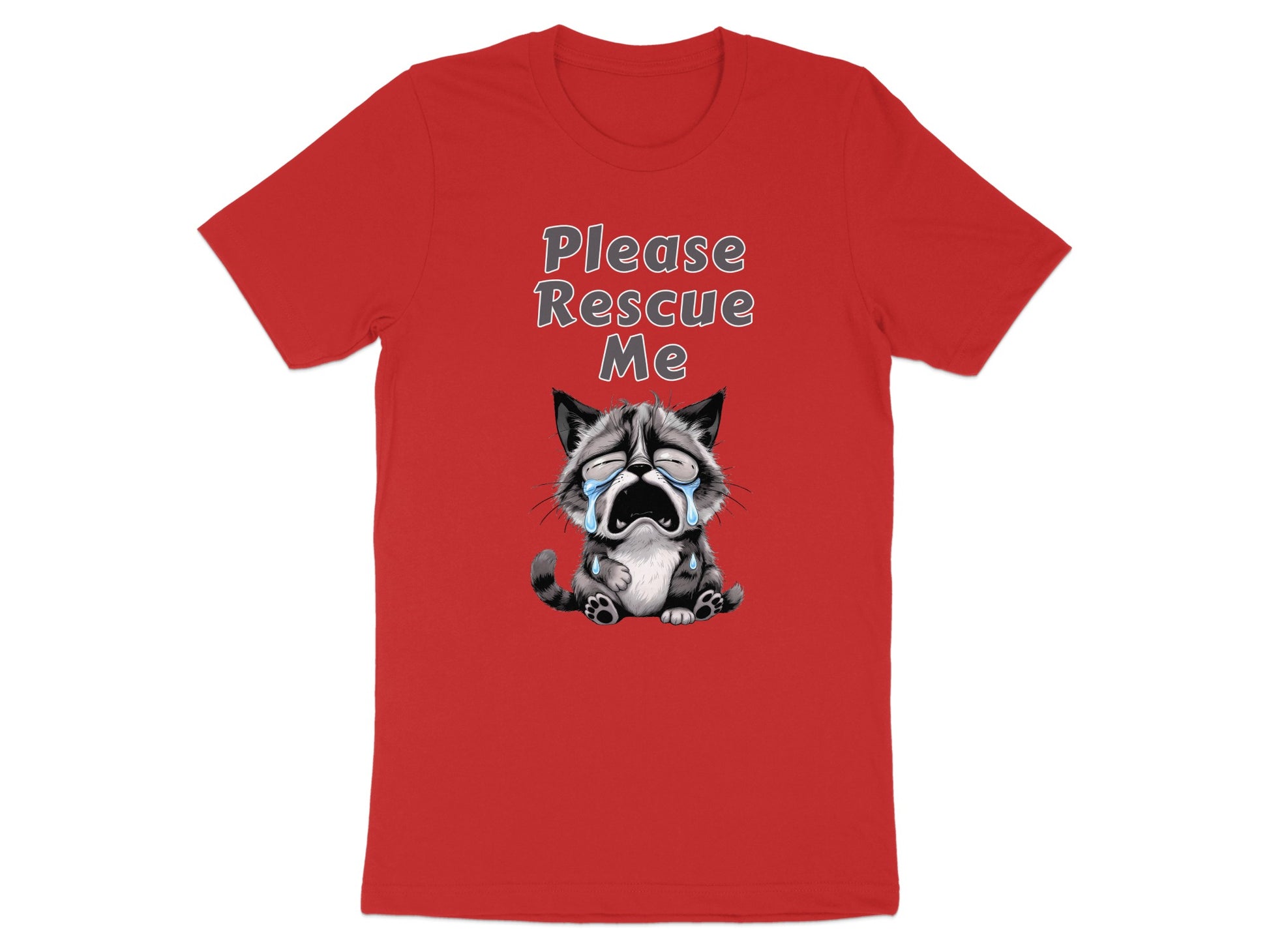 Red t-shirt with a crying raccoon illustration and "Please Rescue Me" text.