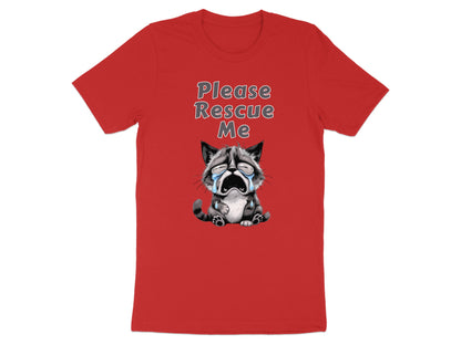 Red t-shirt with a crying raccoon illustration and "Please Rescue Me" text.