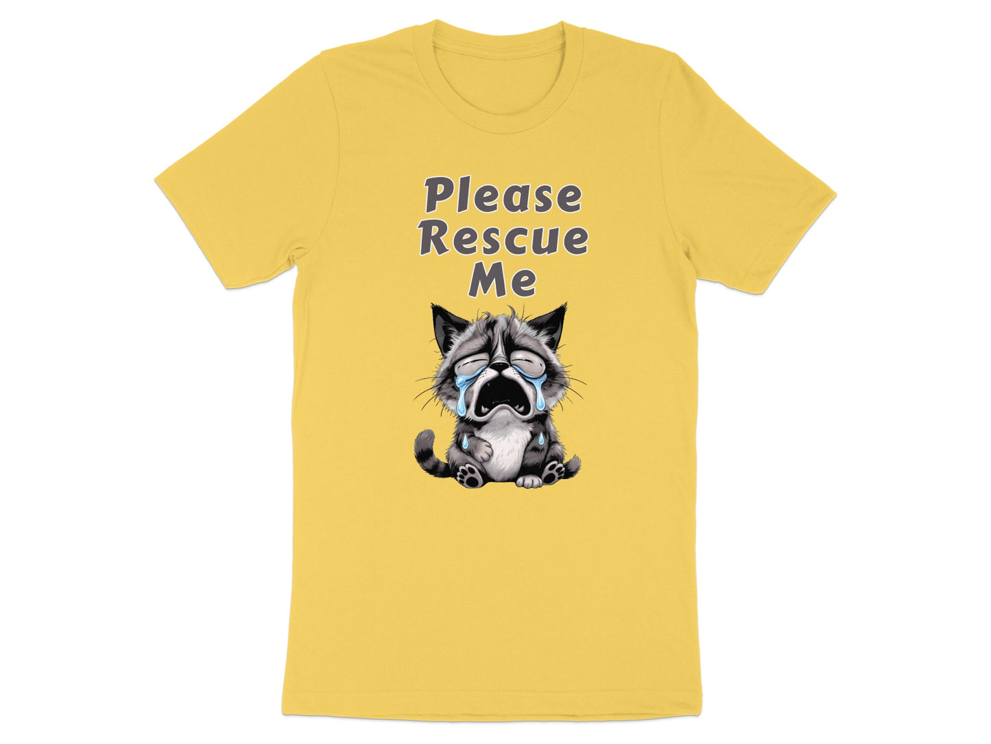 Yellow t-shirt with "Please Rescue Me" text and a crying cartoon kitten.