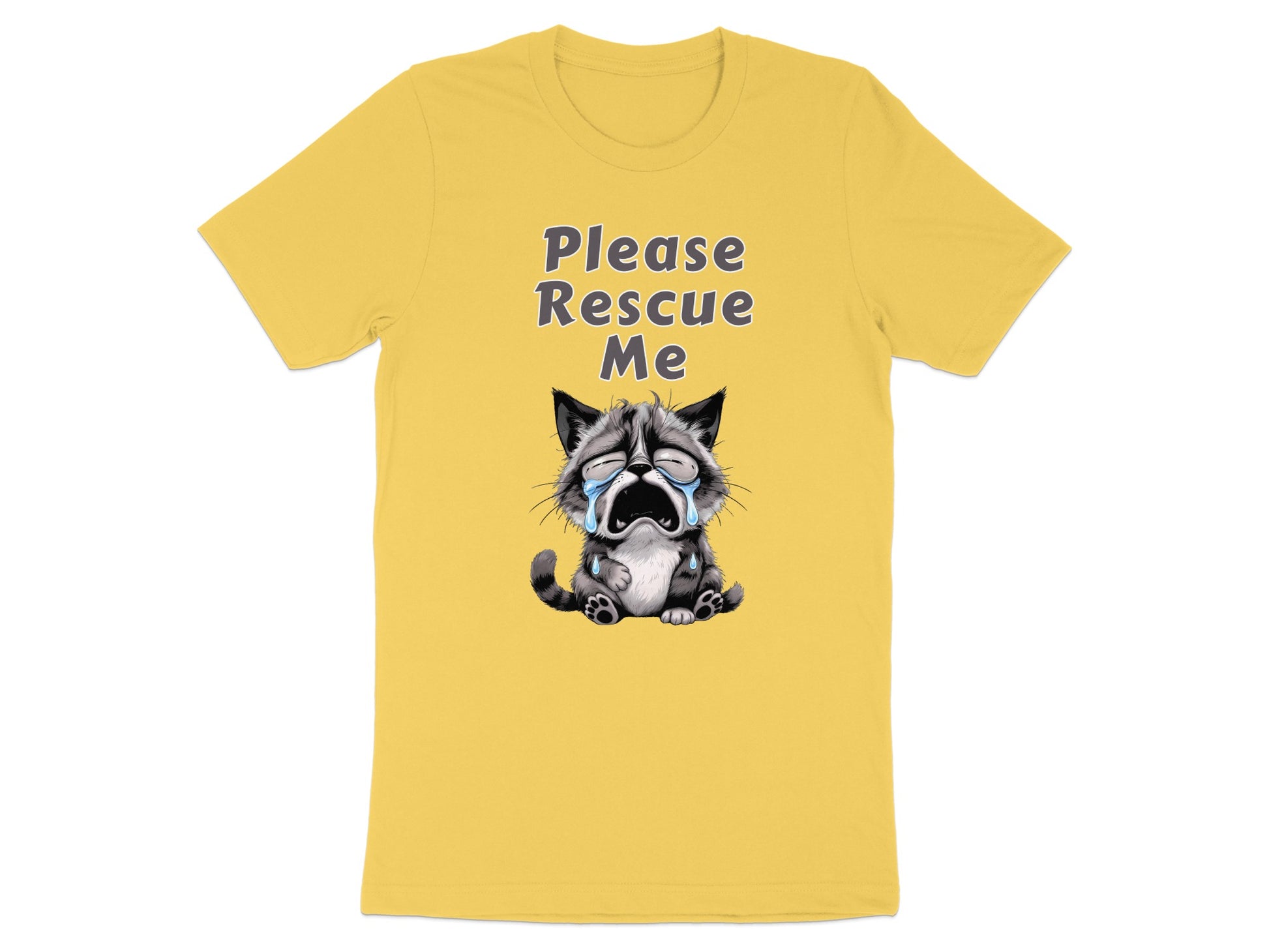 Yellow t-shirt with "Please Rescue Me" text and a crying cartoon kitten.