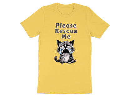 Yellow t-shirt with "Please Rescue Me" text and a crying cartoon kitten.