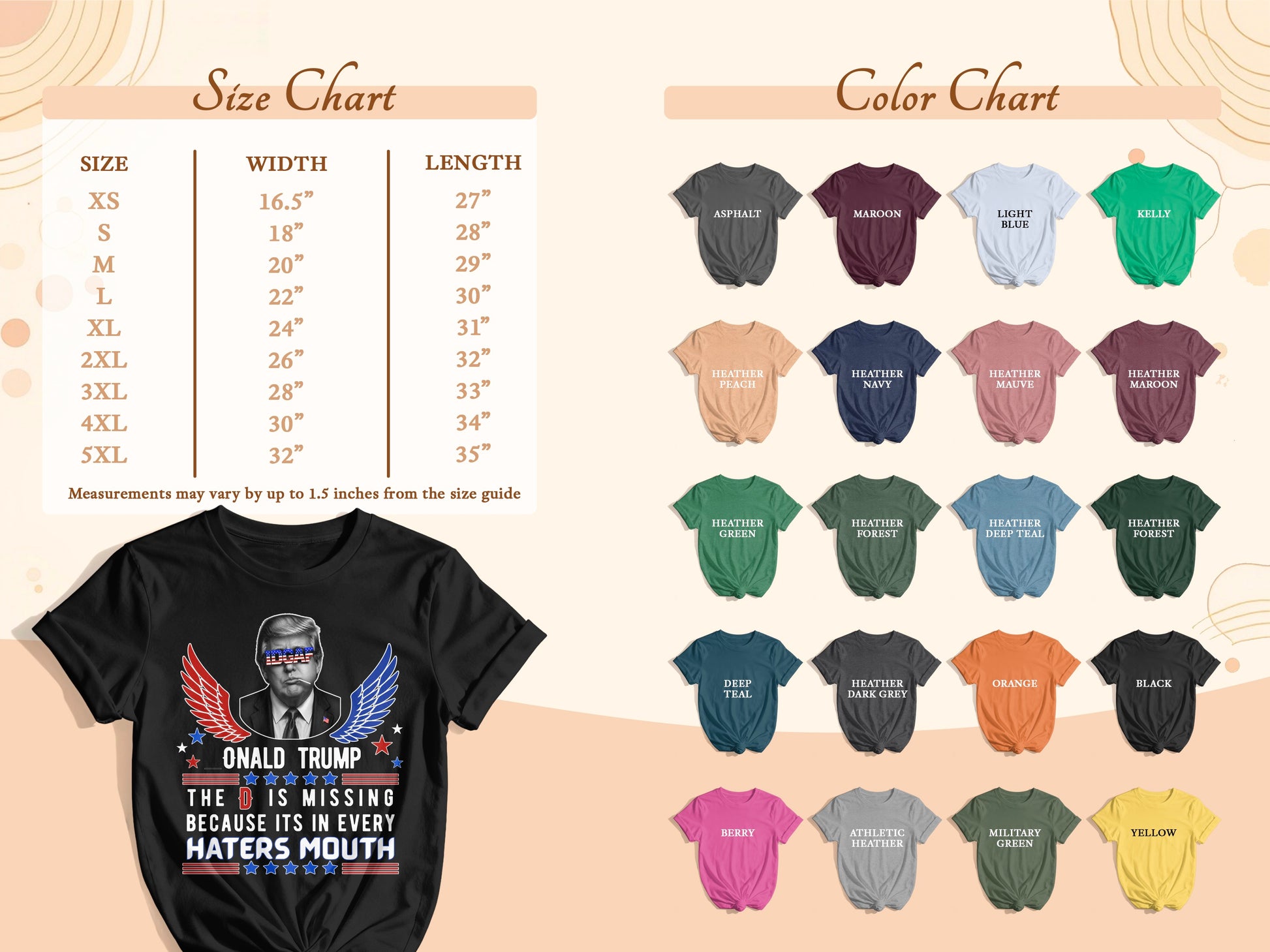 Black t-shirt featuring Donald Trump graphic with wings and text. Color and size charts also shown.