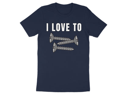 Navy t-shirt with white text "I LOVE TO" above three cartoon screws.