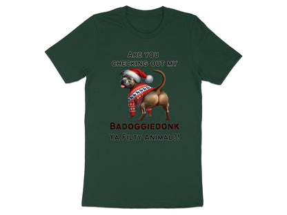 T-shirt with text and graphic of dog wearing a Santa hat and sweater.