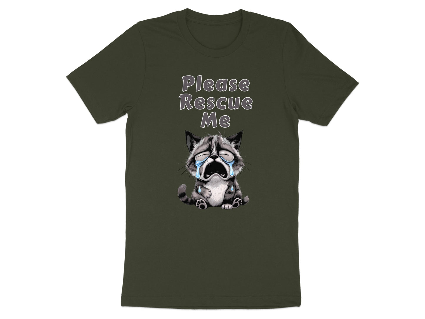 T-shirt with illustration of a crying raccoon with text "Please Rescue Me".