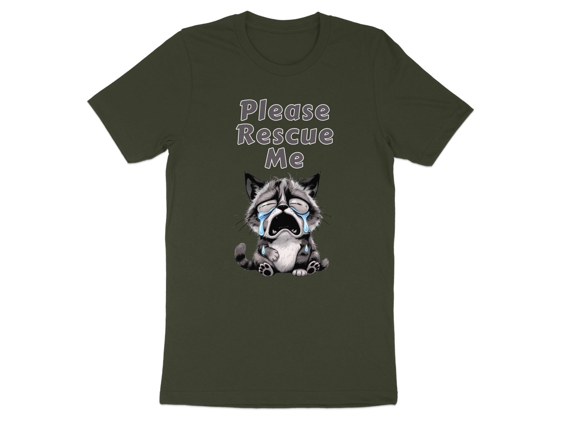 T-shirt with illustration of a crying raccoon with text "Please Rescue Me".