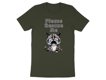 T-shirt with illustration of a crying raccoon with text "Please Rescue Me".