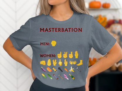 T-shirt with "MASTERBATION", "MEN:", and "WOMEN:" text and various emojis.