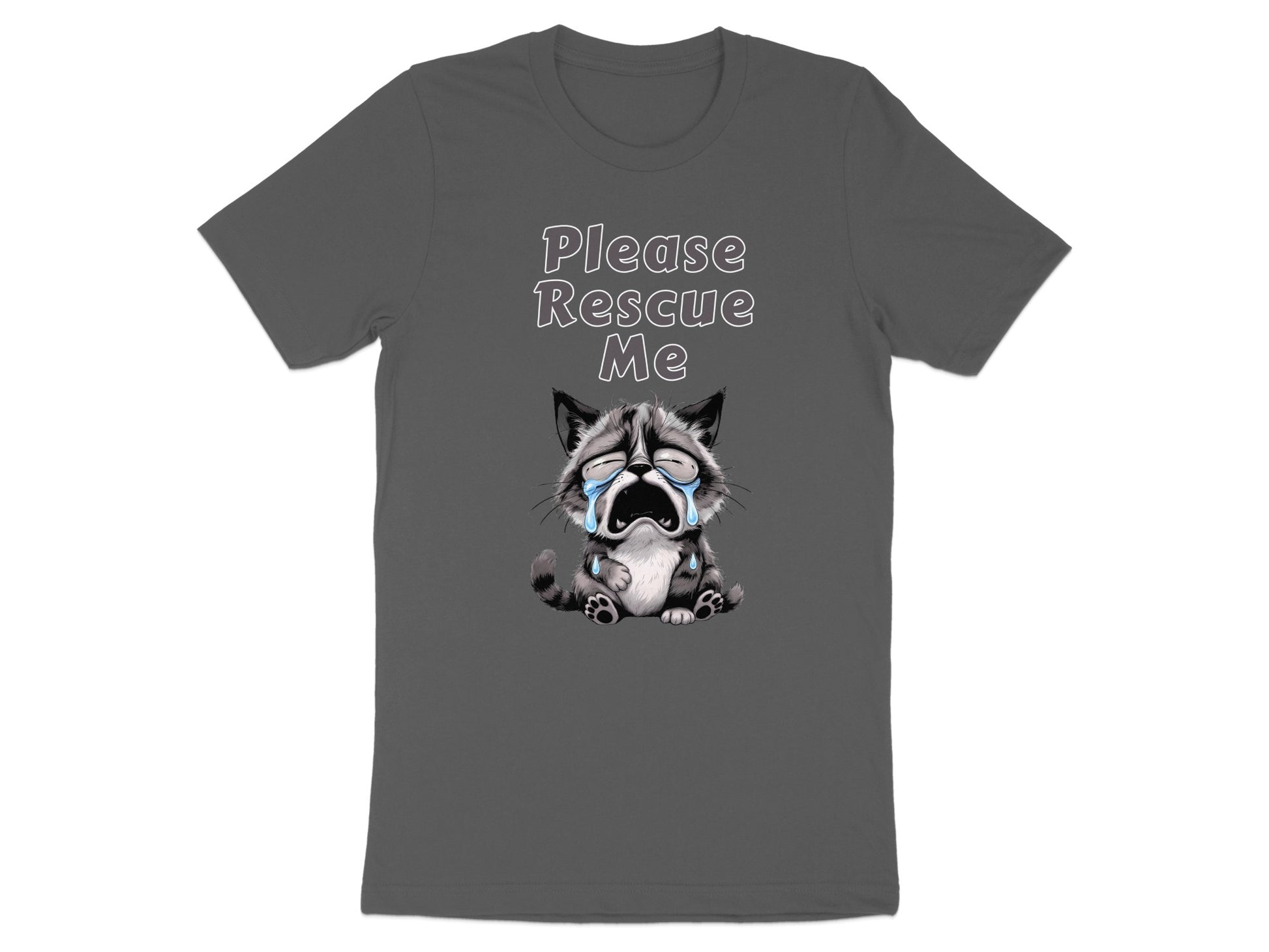 Gray t-shirt with a sad, crying cartoon raccoon and text "Please Rescue Me".