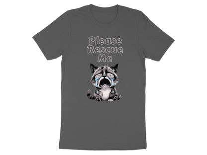 Gray t-shirt with a sad, crying cartoon raccoon and text "Please Rescue Me".