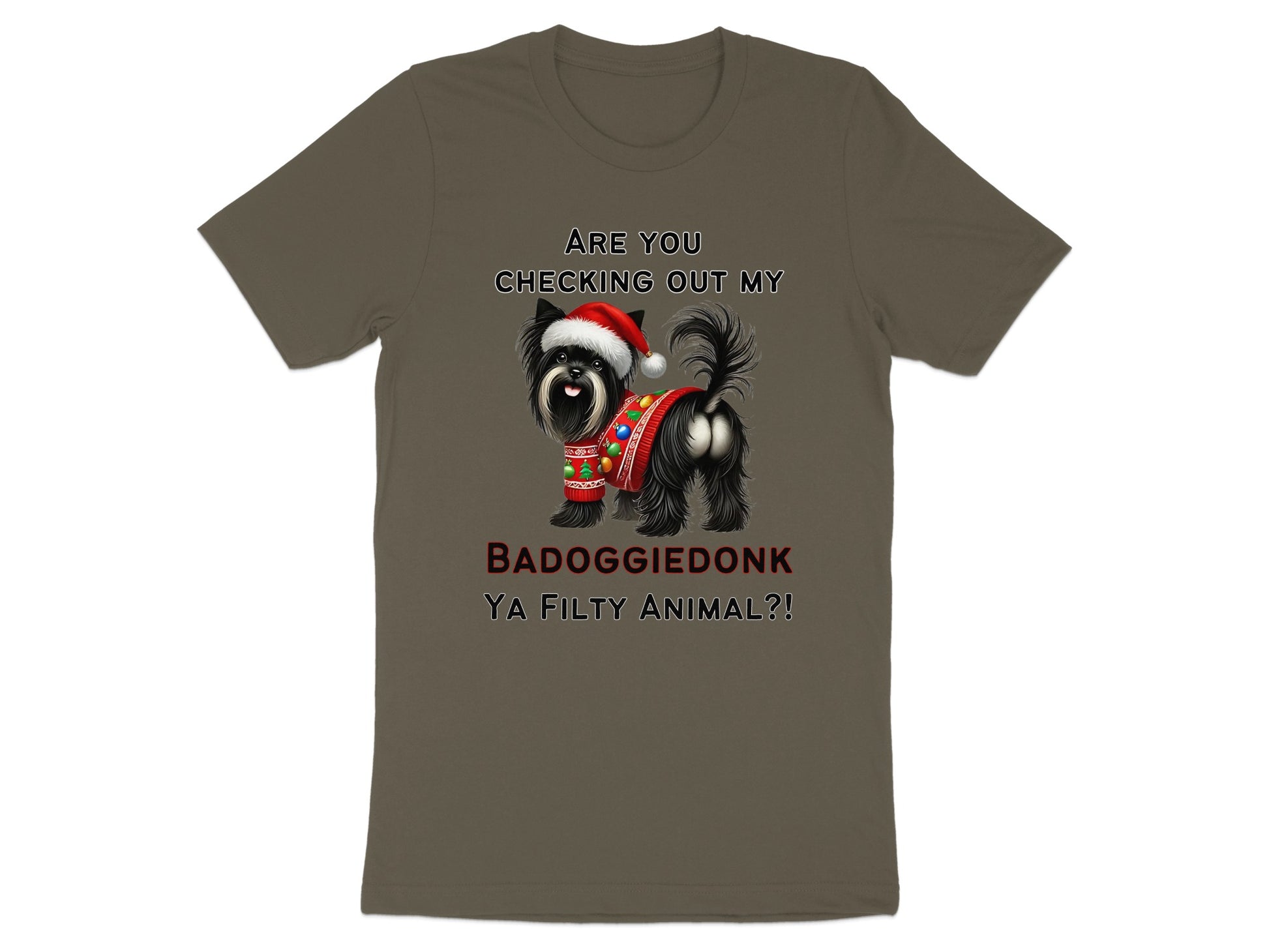 Dark t-shirt with graphic of dog wearing Santa hat and sweater, text "BADOGGIEDONK YA FILTY ANIMAL?!"
