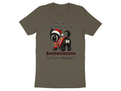 Dark t-shirt with graphic of dog wearing Santa hat and sweater, text "BADOGGIEDONK YA FILTY ANIMAL?!"