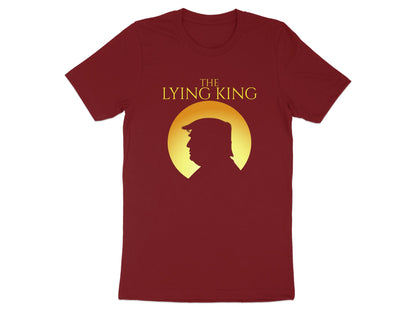 Burgundy t-shirt with yellow text "The Lying King" and silhouette of Trump.