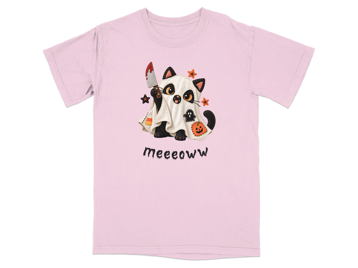 Pink t-shirt with a ghost cat illustration holding a bloody knife and the text "meeeoww".