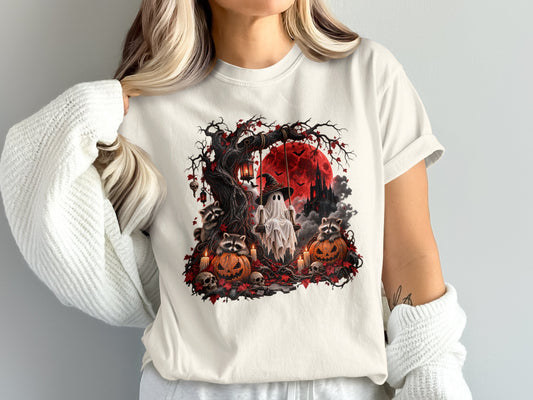 Halloween graphic with ghost on swing, pumpkins, raccoons, skulls, and red moon.
