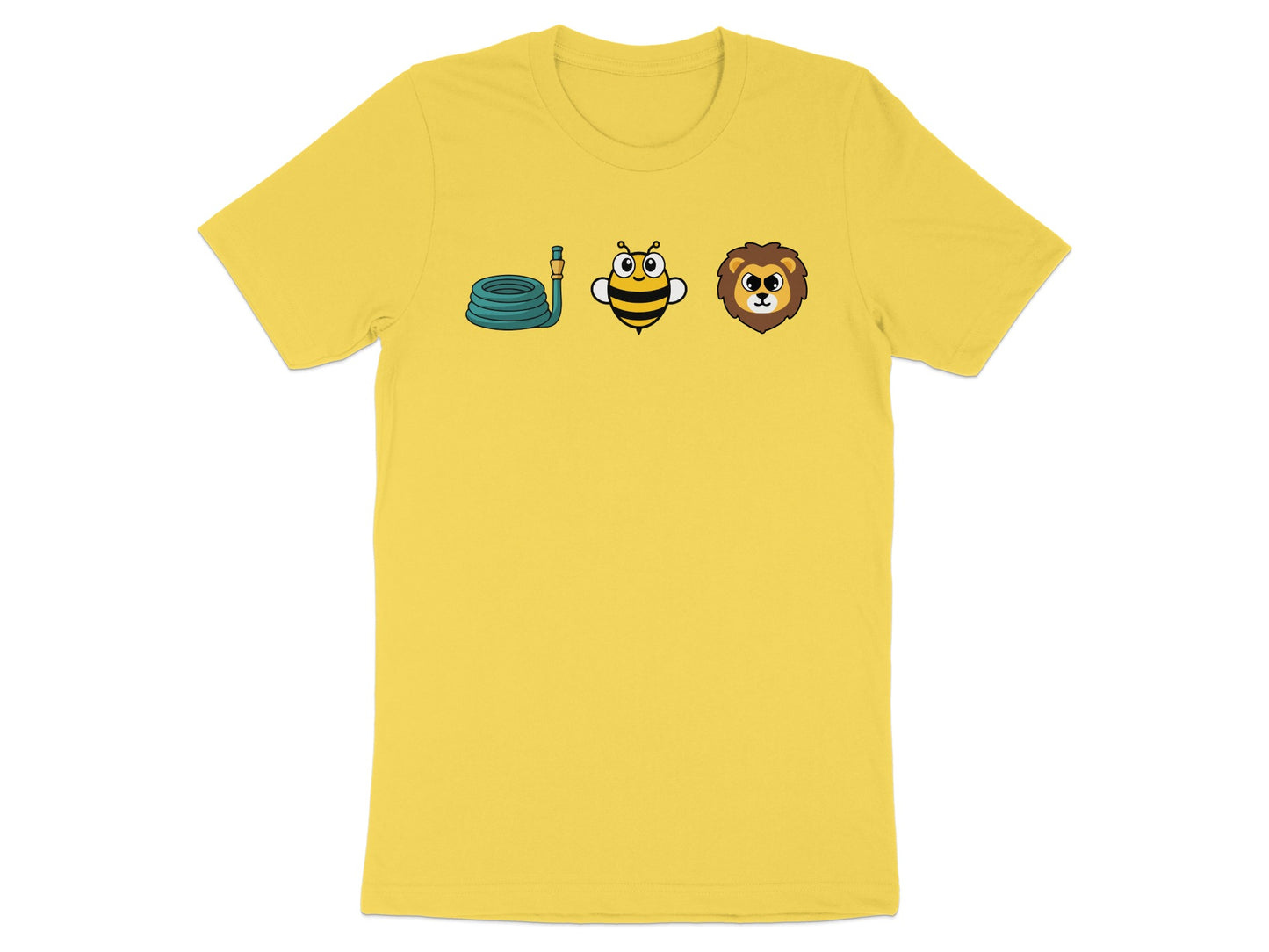 Yellow t-shirt with cartoon hose, bee, and lion icons.