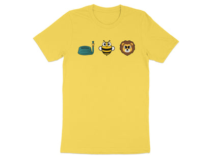 Yellow t-shirt with cartoon hose, bee, and lion icons.