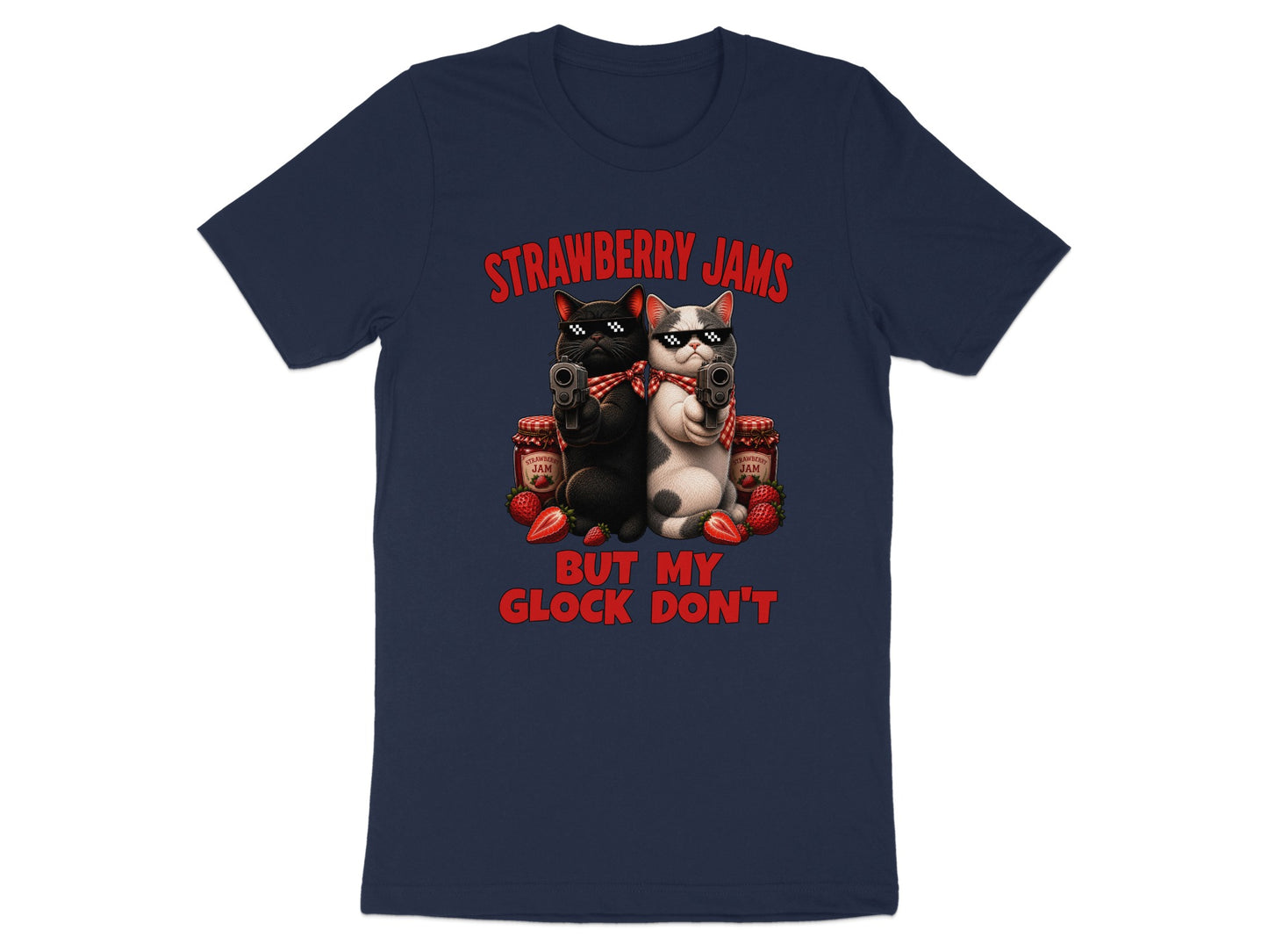 T-shirt graphic: two cats with guns, jam jars, strawberries, and text.