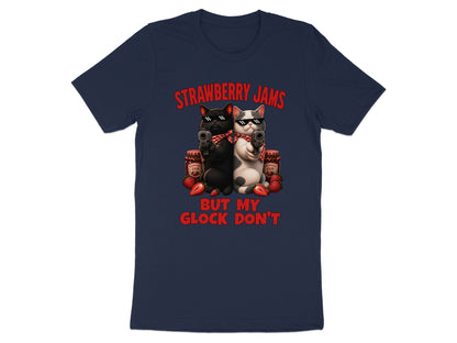 T-shirt graphic: two cats with guns, jam jars, strawberries, and text.
