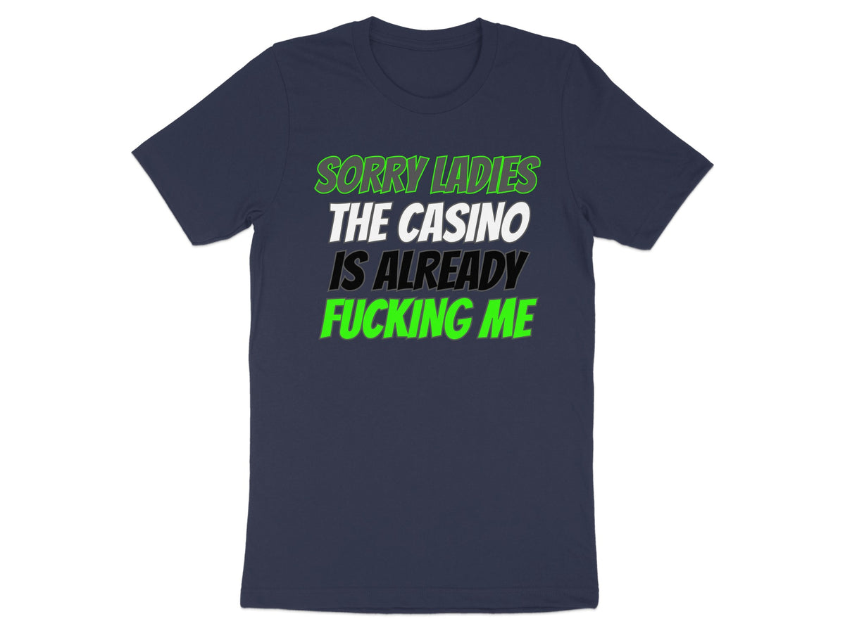 Dark blue t-shirt with white, black, and neon green text.