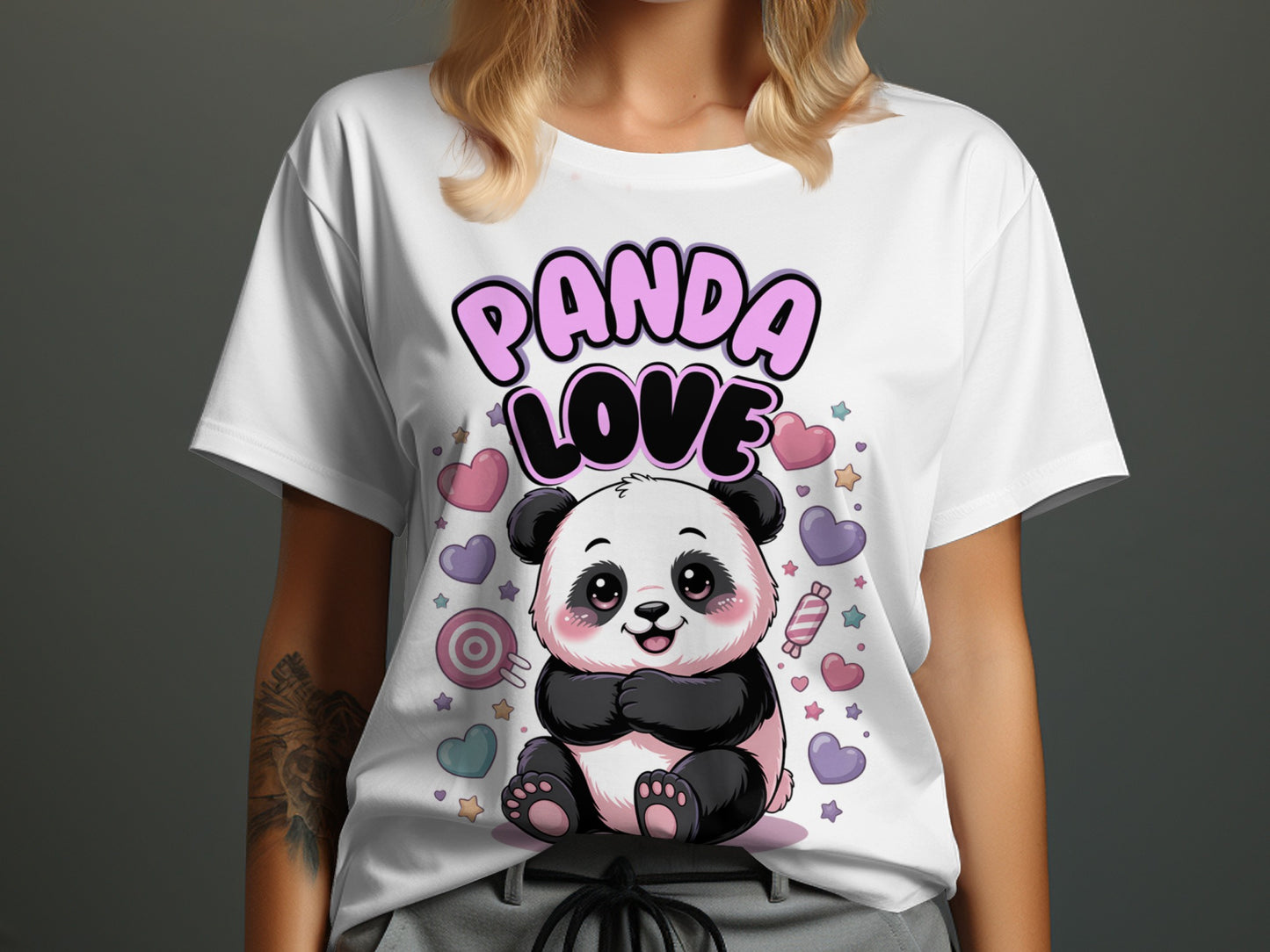 White t-shirt with cartoon panda wearing sunglasses and text "PANDA LOVE".