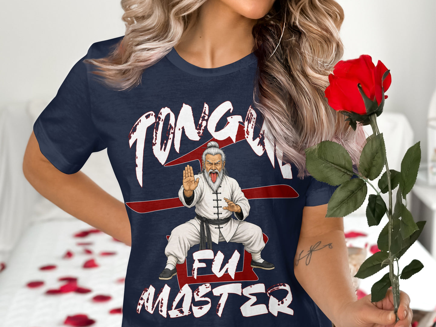 Dark blue t-shirt with "Tongue Fu Master" text and cartoon of an old man in martial arts pose.