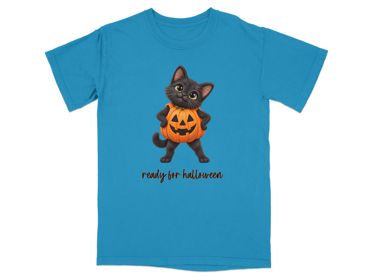 Black cat in pumpkin costume with "ready for halloween" text on blue shirt