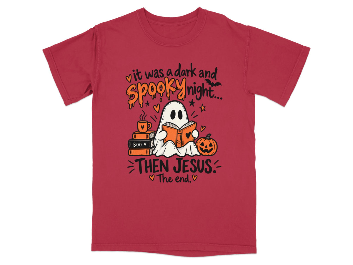 Ghost reading spooky books and the text "Then Jesus. The end."