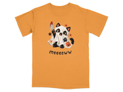 Orange t-shirt with a black cat dressed as a ghost holding a bloody knife.