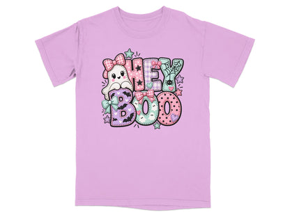 Lilac t-shirt with "HEY BOO" text featuring a cute ghost and Halloween graphics.