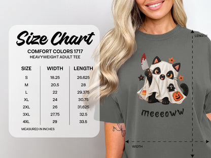 Comfort Colors 1717 size chart for a heavyweight adult tee with a cute ghost cat graphic.