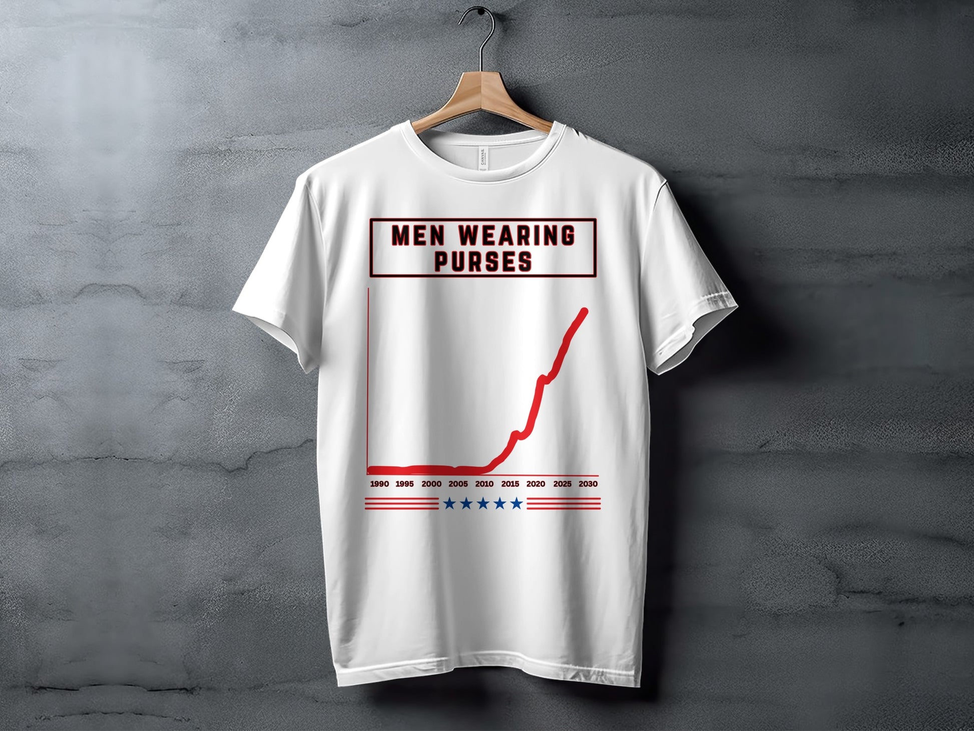 White t-shirt with text "MEN WEARING PURSES" and an upward trending graph.