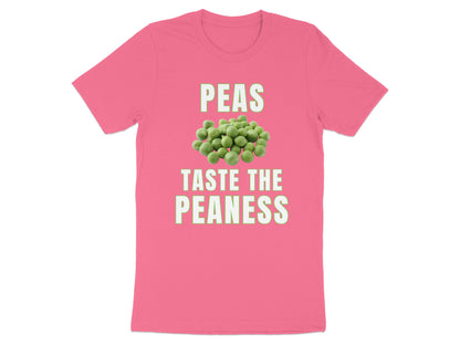 Pink t-shirt with text "PEAS TASTE THE PEANESS" and a pile of peas.