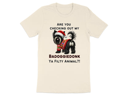 Cream t-shirt with text and a black dog wearing a Santa hat and sweater.