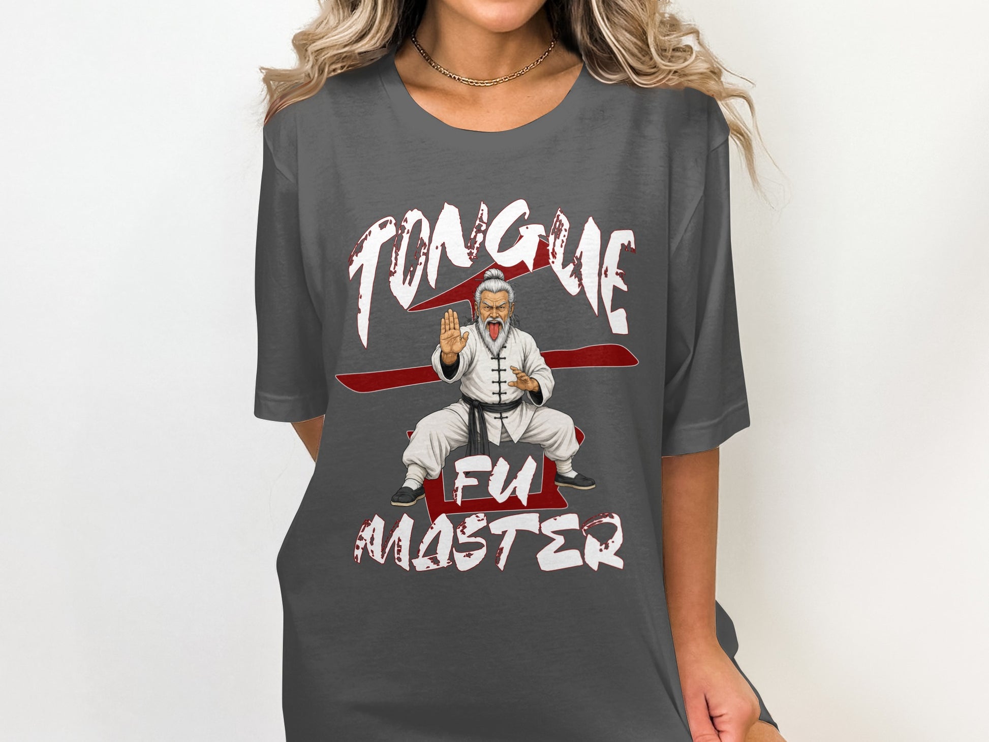 T-shirt with illustration of man with white hair and beard in martial arts pose with text "TONGUE FU MASTER".