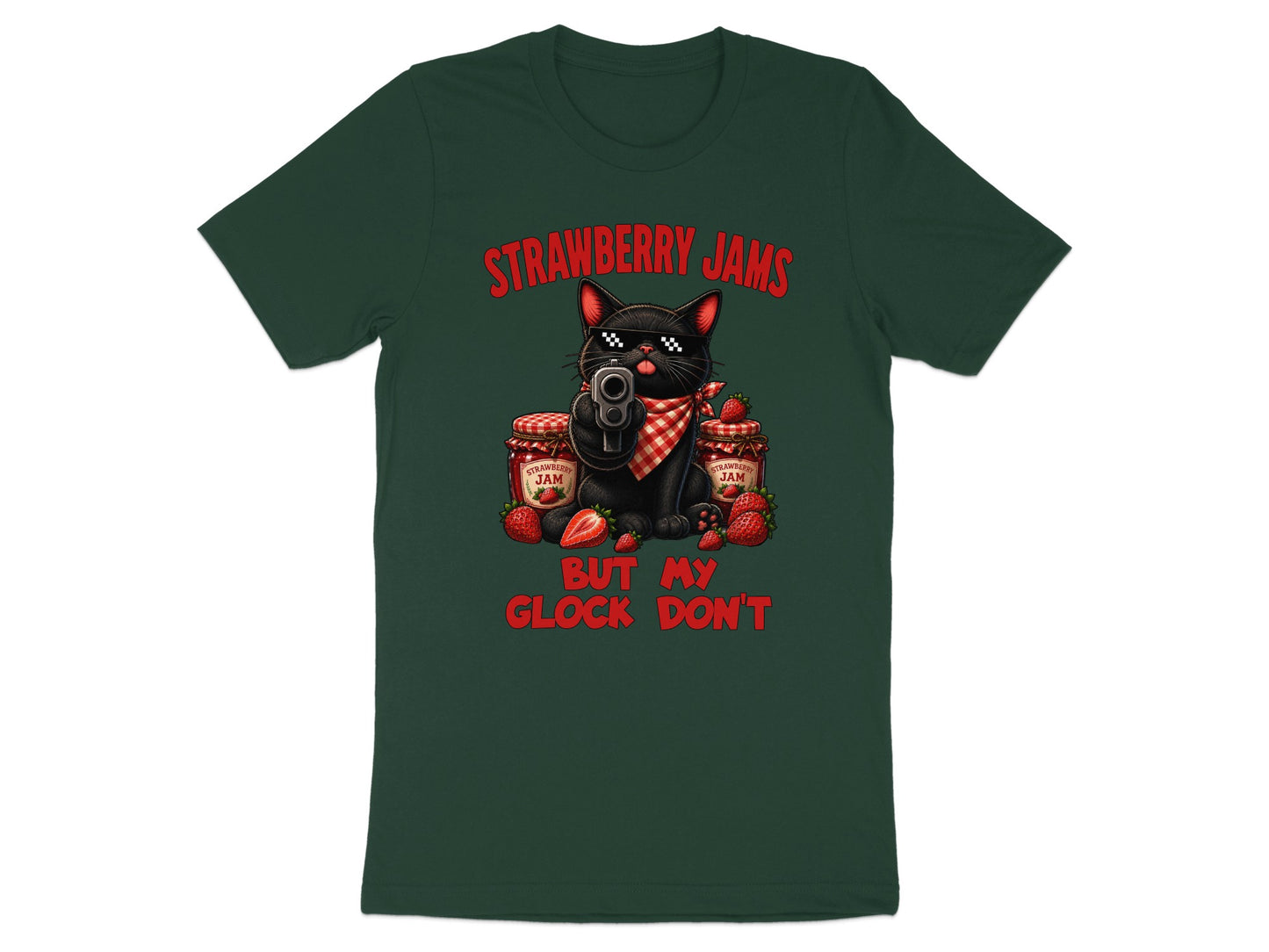 Black cat wearing sunglasses holding gun with text "STRAWBERRY JAMS BUT MY GLOCK DON'T".