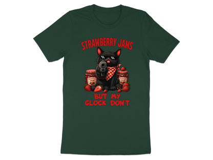 Black cat wearing sunglasses holding gun with text "STRAWBERRY JAMS BUT MY GLOCK DON'T".