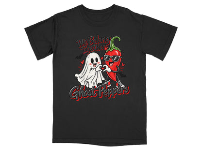 Black t-shirt with ghost and chili pepper making heart shape, text "We Belong Together Ghost Peppers".