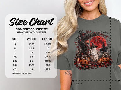 Comfort Colors 1717 heavyweight adult tee size chart with width and length measurements in inches.