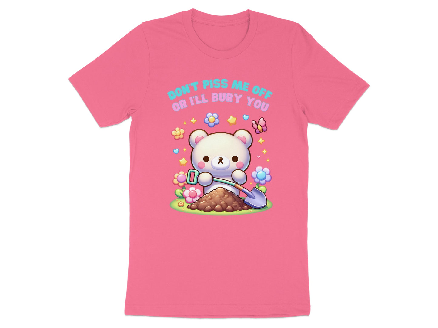 Pink t-shirt with a cartoon bear holding a shovel next to a pile of dirt.