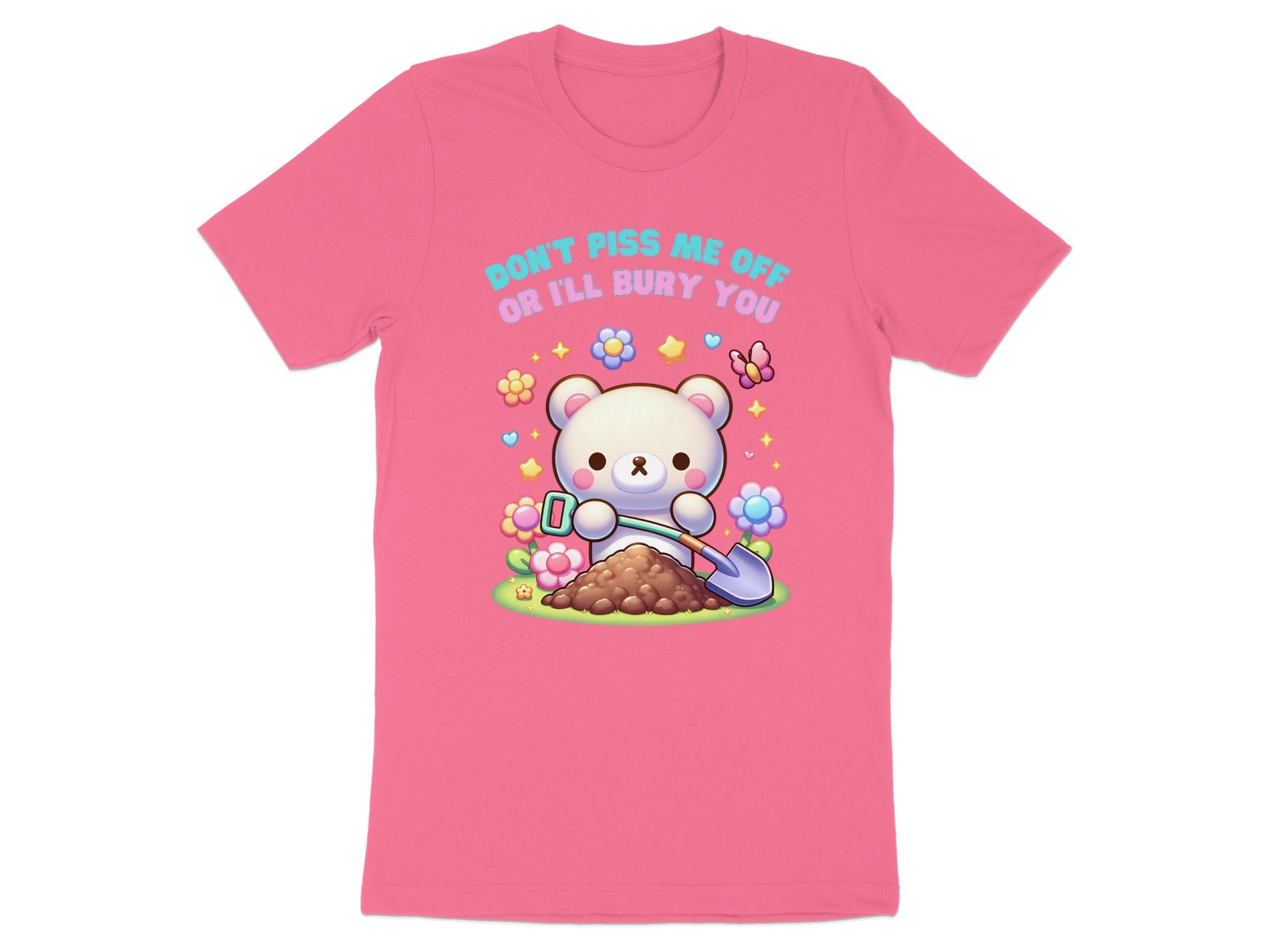 Pink t-shirt with a cartoon bear holding a shovel next to a pile of dirt.