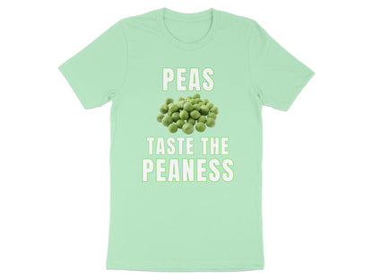 Light green t-shirt with "PEAS TASTE THE PEANESS" text and a pile of peas.