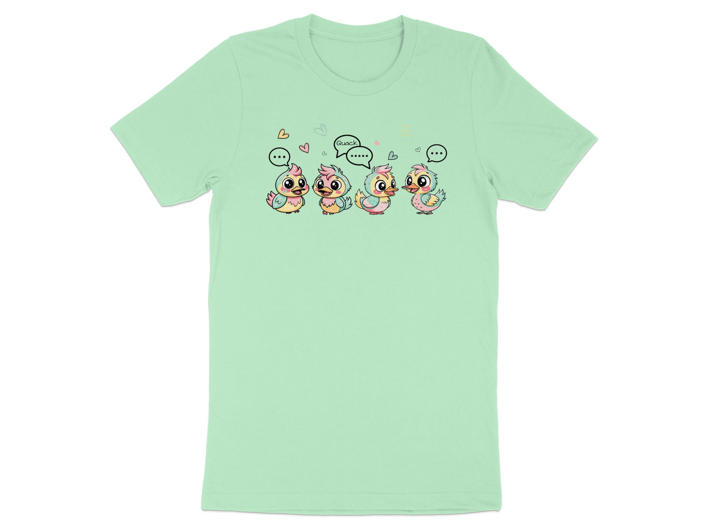 Four cartoon chicks with speech bubbles, one says "Quack."