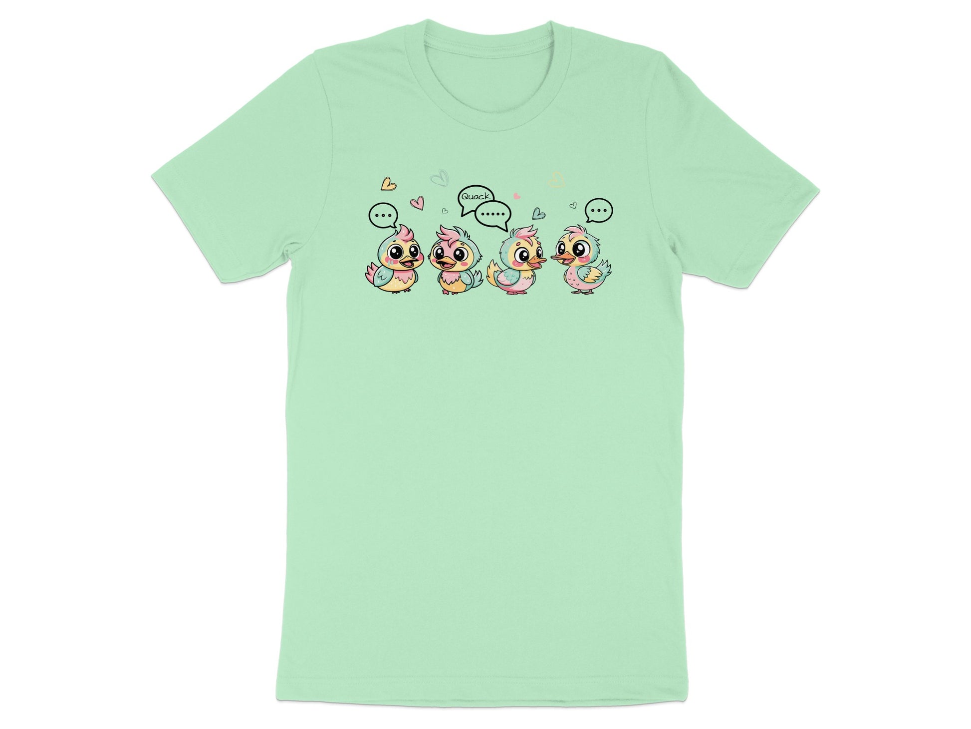 Four cartoon chicks with speech bubbles, one says "Quack."